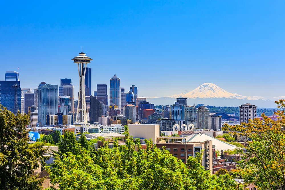 Seattle downtown skyline with view of Mt. Rainier in the background