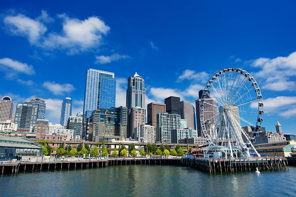 Seattle waterfront with the ferris wheel in the foreground