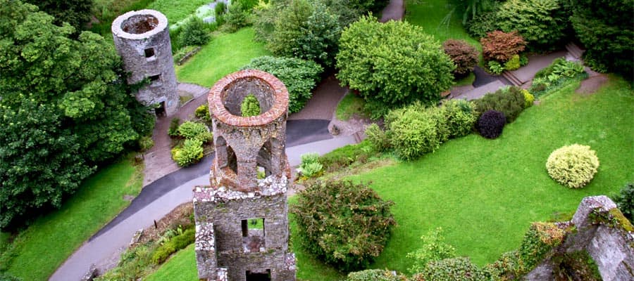 Overhead aerial view of Blarney castle's towers