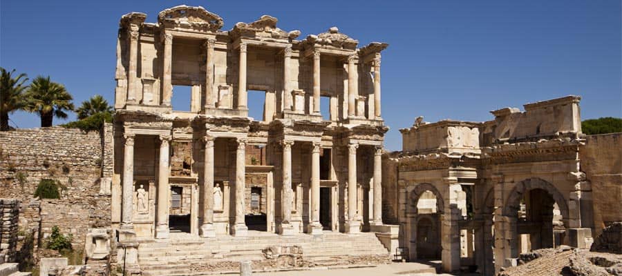 The front facade and courtyard of the Library of Celsus