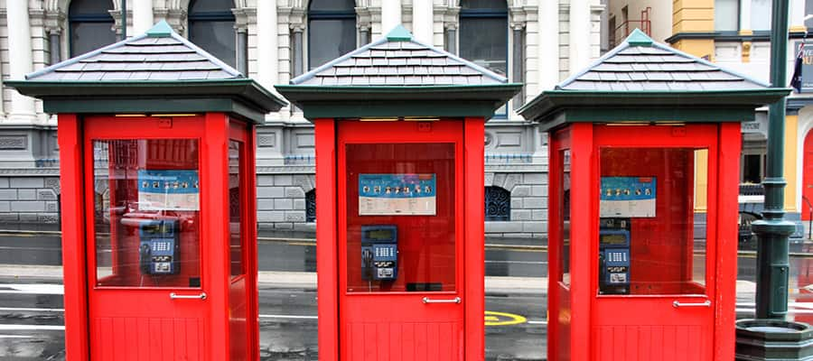 Red telephone booths on a Cruise to Dunedin