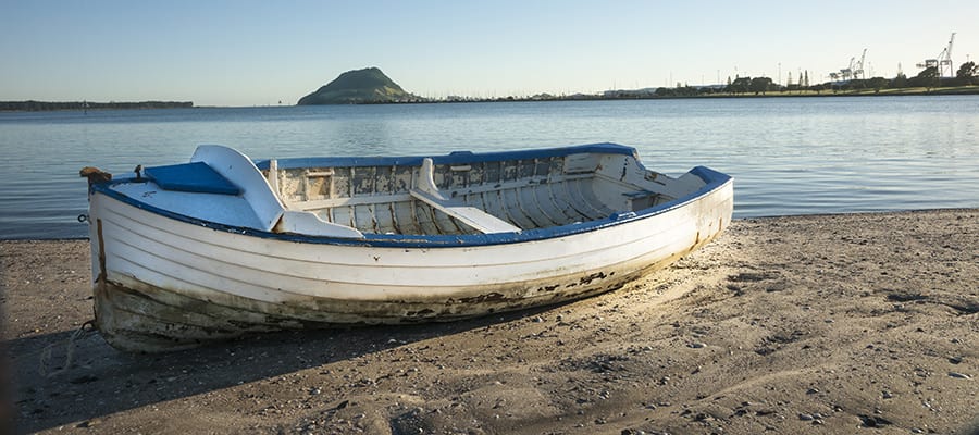 Dinghy on a sandy beach on a Tauranga Cruise