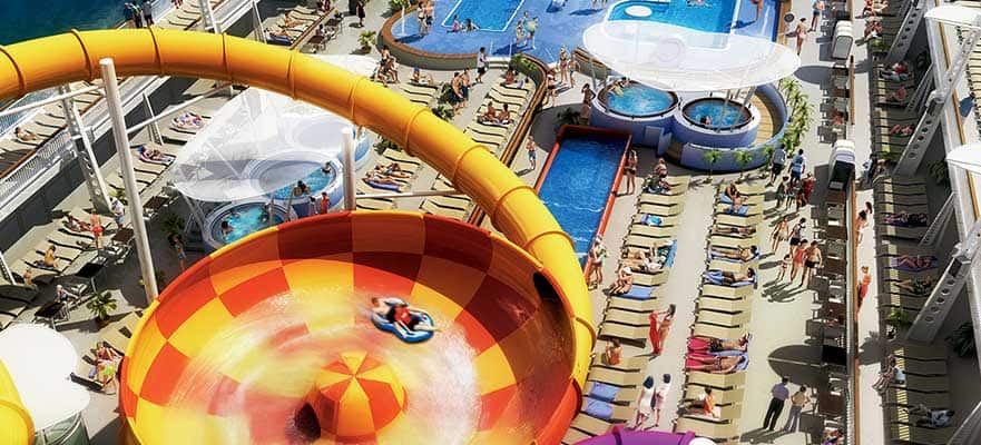 Norwegian Epic cruise ship Aqua Park with multi-story water slides and sun deck